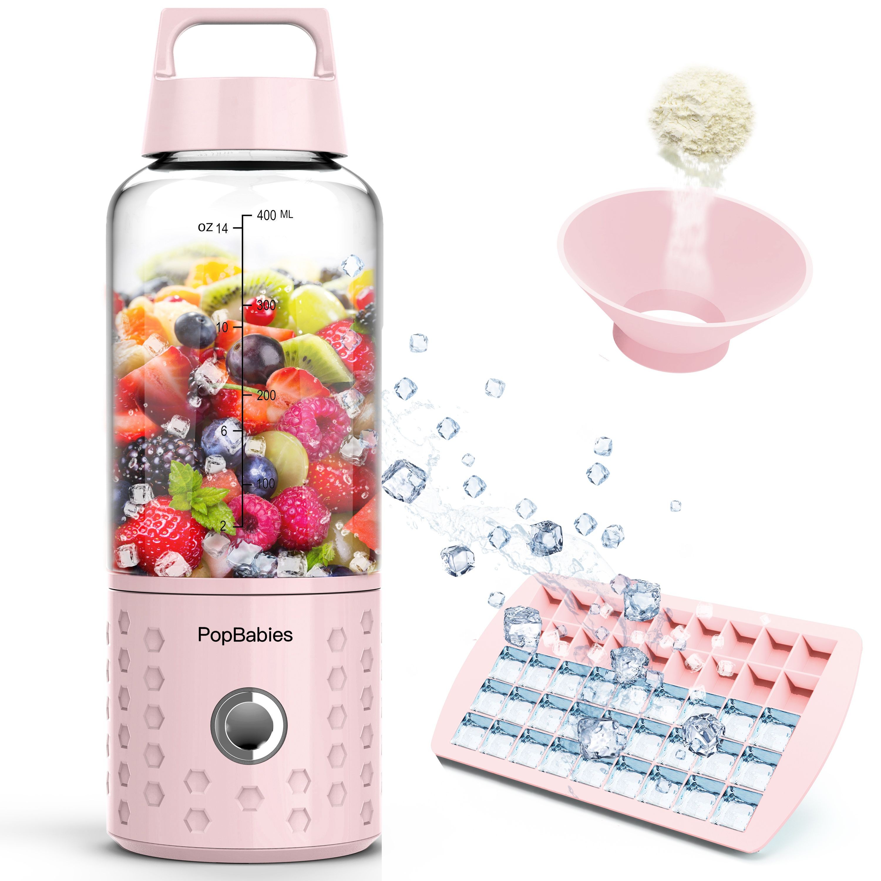 PopBabies Portable Blender, Smoothie Blender for Shakes and Smoothies,  Personal Blender On the go, Corolina Blue, Princess Pink, Stronger and  Faster with Ice Tray Funnel Recipe, Black